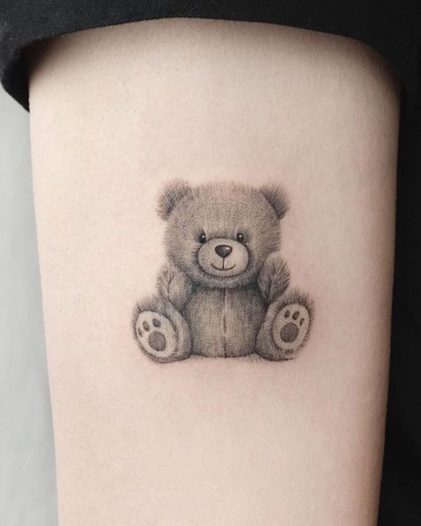 Teddy Bear Sketch Tattoo, Teddy Bear Tattoo Ideas For Women, Small Bear Tattoos For Women, Cartoon Bear Tattoo, Brown Bear Tattoo, Cute Teddy Bear Tattoo, Little Bear Tattoo, Teddy Bear Tattoo Designs, Bear Tattoos Feminine