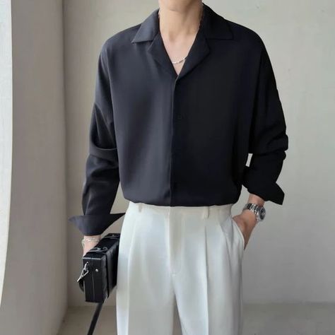 I was given an extra large when I ordered a large but it still fits fine and I didn’t realize this was a crop top. Men Dress Shirt, Silk Shirt Men, Mens Office, Long Sleeve Men, Shirt Korean, Wedding Outfit Men, White Shirt Men, Mens Spring Fashion, Black And White Shirt