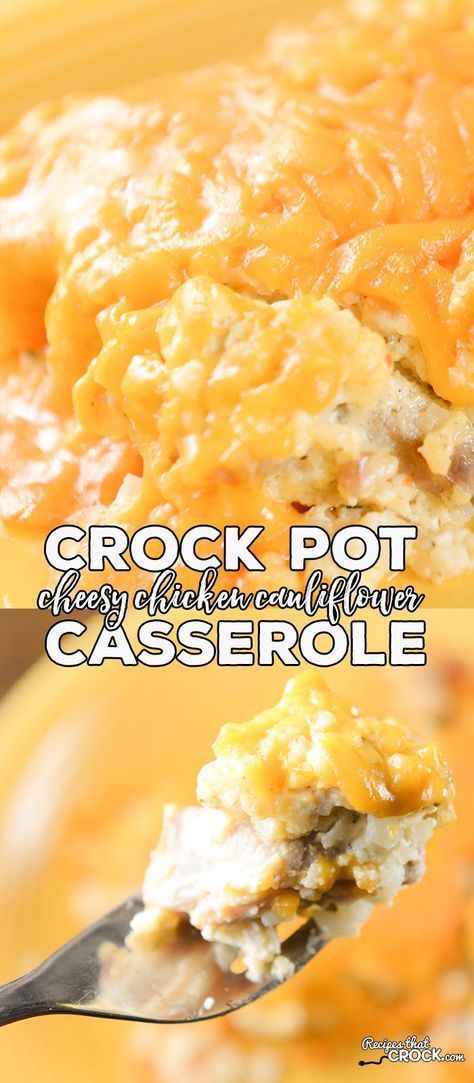 Are you looking for a great low carb casserole that everyone will love? This Crock Pot Cheesy Chicken Cauliflower Casserole is one of our favorite family dinners. And, everyone fights over the leftovers! Crockpot Chicken Cauliflower Rice, Cauliflower Rice Crockpot Recipes, Cheesy Chicken Cauliflower Casserole, Crockpot Chicken And Cauliflower Rice, Slow Cooker Cauliflower Rice Recipes, Crockpot Cauliflower Casserole, Crock Pot Low Carb Meals, Crock Pot Casserole, Crock Pot Cheesy Chicken