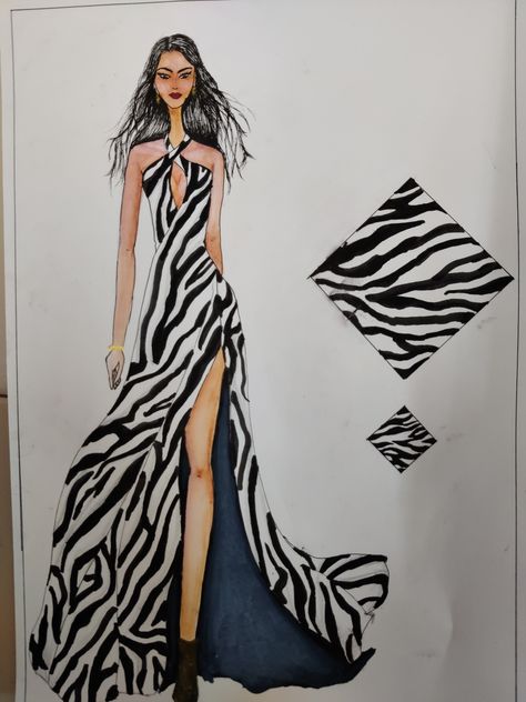 Fashion Illustration Poses, Fashion Illustration Tutorial, Fashion Illustration Collage, Fashion Illustrations Techniques, Dress Illustration, Fashion Illustration Sketches Dresses, Zebra Print Dress, Fashion Design Collection, Fashion Sketches Dresses