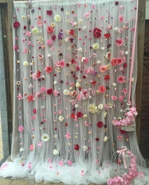 Pretty Backdrop Ideas, Bridal Shower Curtain Backdrop, Tulle And Flower Backdrop, Backdrop Ideas Bridal Shower Diy Photo, Floral Decorations Party Photo Backdrops, Small Parties Ideas, Garden Wedding Photo Backdrop, Tea Party Bridal Shower Photo Backdrop, Floral Galentines Party