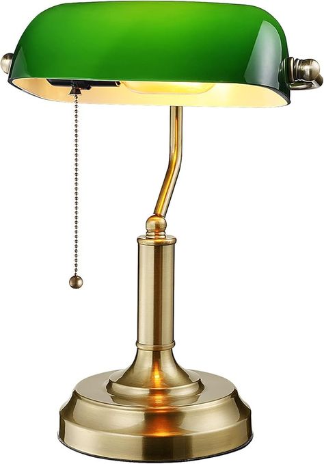 TORCHSTAR Green Glass Bankers Desk Lamp, UL Listed, Antique Desk Lamps with Brass Base, Traditional Library Lamp with Pull Chain, E26 Base, Vintage Desk Lamp for Office, Study Room - Amazon.com Antique Wooden Desk, Forest Baby Rooms, Dark Academia Bedroom, Bankers Desk, Traditional Library, Lamp For Office, Small Desk Clock, Academia Bedroom, Lamp Fixtures