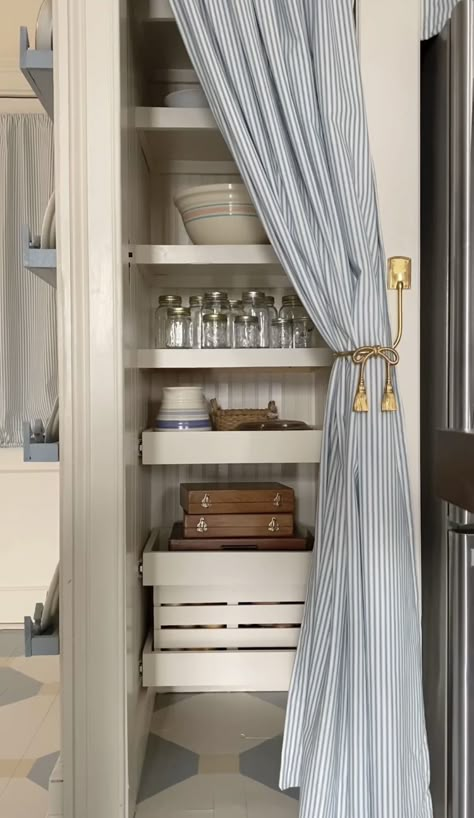 Curtain Utility Room, Cupboard With Curtain Door, Pantry Curtains Ideas, Kitchen Curtain Storage, Pantry With Curtains, Cupboard With Curtain, Curtain Cupboard Doors Kitchen Cabinets, Pantry With Curtain Door, Curtain Over Cupboard