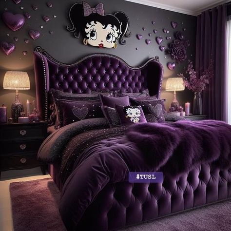 Purple And Black Room, Romantic Purple Bedroom, Dark Purple Bedroom Ideas, Purple And Black Bedroom, Black And Purple Bedroom, Lace Bedroom, Gothic Interior Design, Baddie Bedroom, Teen Room Designs