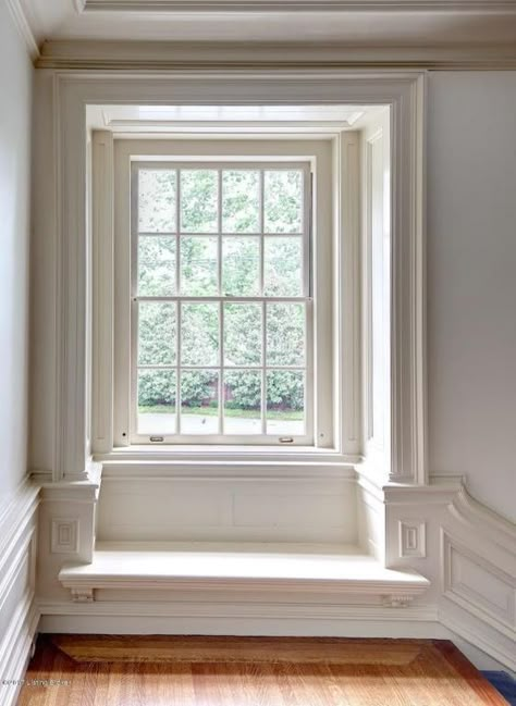 WOW. Everywhere you look there is an architectural detail. Fine woodworking at its best! This window seat will be a great place to read a... Living Room Without Curtains, Modern Country Living, Fresh Farmhouse, Traditional Bedroom Decor, Georgian Homes, Modern Mansion, Window Seat, Traditional Decor, Home Decor Bedroom