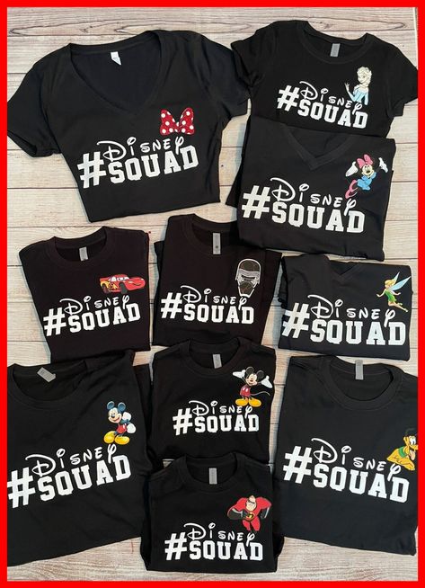 Family Disney Trip Shirts Ideas, Disney Squad Shirt, Disney World Shirts Family, Disneyworld 2023, Disney Family Outfits, Disney Matching Shirts, Disneyland Family Shirts, Cousin Pictures, Disney Character Shirts