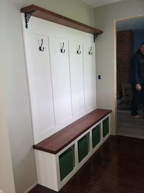 Built in, custom hall tree for back entryway. Bead board backing. Old floor joists for seat and shelf. Each person has a cubby and hook. Hall Tree Bench With Shoe Storage, Built In Wall Tree Entryway, Hallway Tree Entryway Diy, Diy Built In Hall Tree, Built In Backpack Storage, Hall Tree Built In, Farmhouse Hall Tree Entryway, Diy Hall Tree With Shoe Storage, Wall Of Hooks