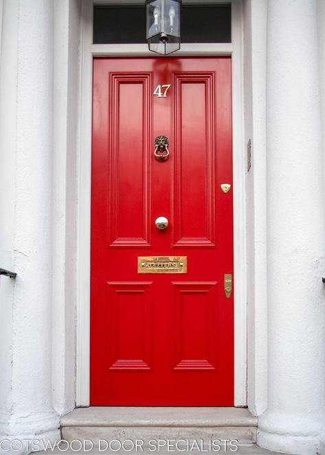 A classic four panel Victorian front door painted in a vibrant red. The door furniture is a brass material to oppose the bright red of the teknos paint - Cotswood Doors Bright Red Front Door, Victorian Doors, Victorian Front Doors, Traditional Front Doors, Front Door Styles, Red Front Door, Porch Tile, Door Paint, Victorian Door