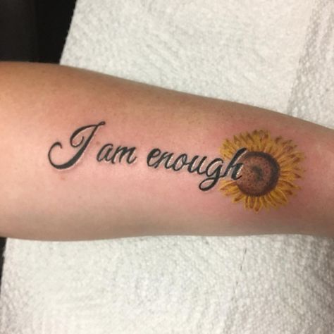 Bicep Arm Tattoos For Women, I Am Enough Quotes Tattoo With Flower, I Am Enough Quotes Tattoo, Theigh Tattoos, I Am Enough Quotes, I Am Enough Tattoo, Dandelion Tattoo Quote, Awesome Tattoo Ideas, Enough Quotes