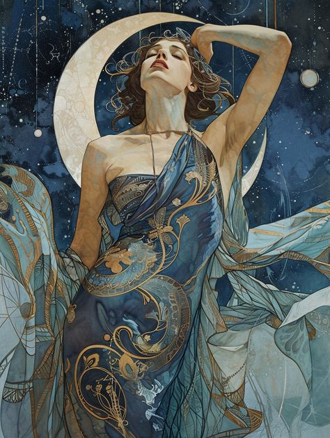 Woman in Alphonse Mucha-Inspired Setting Art Nouveau Women Illustration, Fantasy Art Nouveau, Celestial Deity, Crescent Moon Backdrop, Moon Deity, Celestial Woman, Moon Backdrop, Moon Goddess Art, Joyful Expression