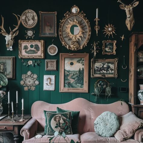 Dark Green Gothic Living Room, Gallery Wall Dark Green, Witchcore Room, Accent Mural, Entomology Decor, Green Gallery Wall, Dark Cottagecore House, Goth House, Goth Houses