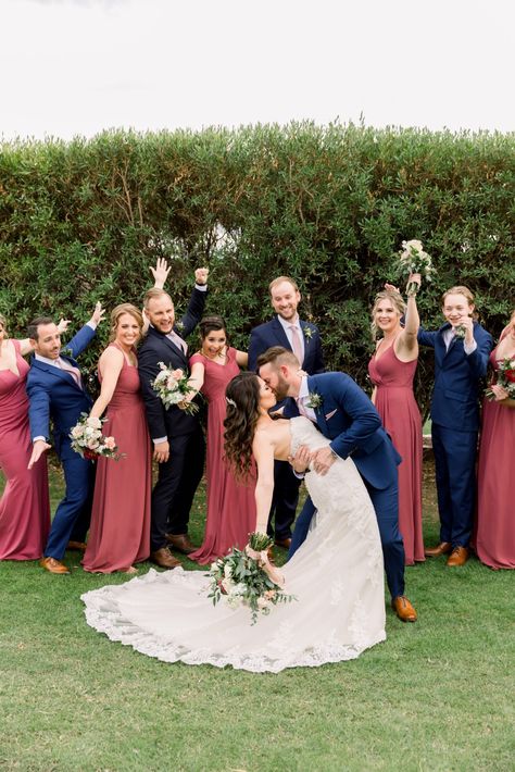 Desert Rose And Navy Wedding Colors, Rosewood Bridesmaid Dress With Groomsmen, Rosewood And Navy Wedding, Chianti And Navy Wedding, Navy And Pink Bridal Party, Desert Rose And Navy Wedding, Navy Tux Wedding Color Combos, Rosewood Wedding Color, Maroon And Pink Wedding