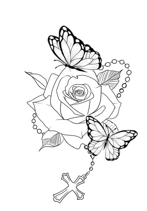 Butterfly And Flower Tattoo Stencil, Bag Chaser Tattoo, Rosary With Roses Tattoo, Rose With Butterfly Tattoo For Women, Cross With Flowers Drawing, Cross And Butterfly Tattoo, Girly Tattoo Designs, Medium Tattoo Ideas, Cross Necklace Tattoo