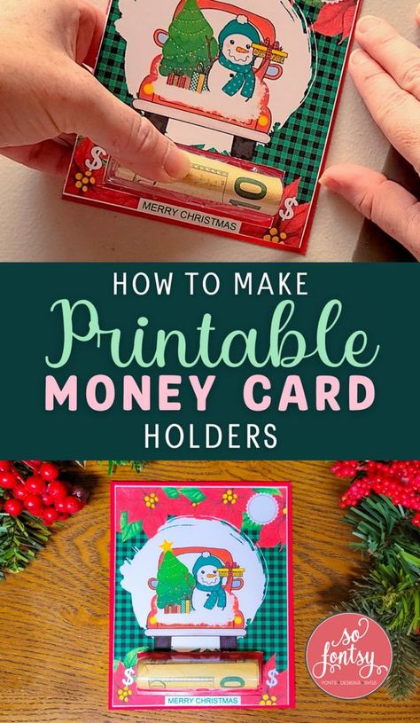 How to Make Printable Money Holder Cards Tutorial from So Fontsy #diycards #moneycard #holidaycard #giftgiving #christmasdiy Cricut Money Holder Card, Diy Christmas Money Holder, Money Cards Holder, Paper Creativity, Christmas Money Cards, Money Holders Card, Printable Money, Cards Tutorial, Silhouette School Blog