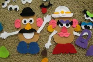 Felt Mr. Potato Head Dolls.  She has several more felt doll ideas and other crafts.  One thing I would do different is mount the plastic baggie in one side of a folder with felt on the other side.  Easier to store I think. Mr Potato Head Felt, Sensory Books, Flannel Stories, Box Activities, Felt Games, Quiet Toys, Party Hardy, Mr Potato, Mr Potato Head