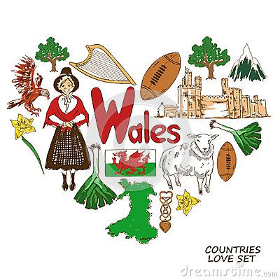 Welsh Symbols | Wales Symbols In Heart Shape Concept Stock Vector - Image: 49116050 Wales Illustration, Scotland Symbols, Places Illustration, Welsh Symbols, English Talking, Wales Country, Journal Drawings, British Values, Travel Background