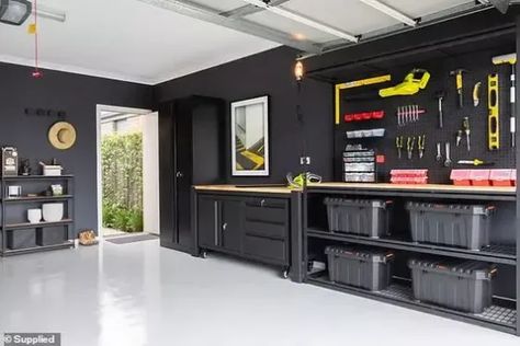 Discover the top garage paint colors and interior wall paint ideas for 2024. Choose the best color for garage walls for a low-maintenance and stylish look. Dark Gray Garage Walls, Painted Garage Walls, Garage Paint Colors, Wall Paint Ideas, Garage Paint, Dark Grey Paint, Overhead Garage, Popular Paint Colors, Interior Wall Paint