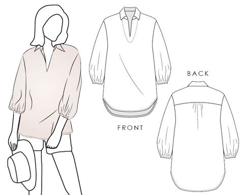 Sewing Pattern: Create a trendy hip-length tunic with this top pattern, featuring a V neck with an open placket, a shirt-style collar, and a back yoke with gathers. The three-quarter length balloon sleeves and curved hem add a touch of flair, while the slight swing silhouette provides a stylish and comfortable fit. Summer Long Sleeve Kurta With Yoke, Balloon Sleeve Blouse Pattern, V Neck Shirt Sewing Pattern, V Neck Tunic Sewing Pattern, Tunic Flat Sketch, Linen Shirt Pattern, Cotton Top With Fold-down Collar And Placket, Top Sewing Patterns, Tunic Tops Pattern