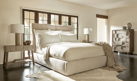 Sculptural drama. Tactile materials. Earthy hues. A refined aesthetic with a sense of nomadic minimalism. Bernhardt Casa Paros. Natural Surfaces, Tall Drawers, Earthy Hues, Aesthetic Clean, Bernhardt Furniture, Upholstered Panel Bed, Refined Aesthetic, Tall Chest, Panel Bed