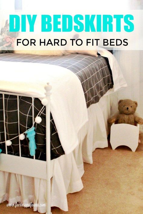 Make a custom bedskirt for your hard to fit bed frame. This post shows you two different custom bedskirt ideas. #faeriesandfauna #sew #homedecorsew Bedskirt Ideas, Diy Box Spring, Diy Bed Skirt, Bedskirts, Box Spring Cover, No Bed, Tote Bag Pattern Free, Bed Skirts, Beginner Sewing Projects Easy