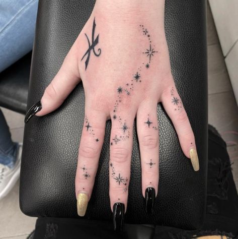 Hand Tattoos With Stars, Dot And Star Filler Tattoo, Space Tattoos Hand, Galaxy Finger Tattoo, Space Constellation Tattoo, Hand Twinkle Tattoo, Star Hands Tattoo, Galaxy Hand Tattoos For Women, Hand Tattoos Space