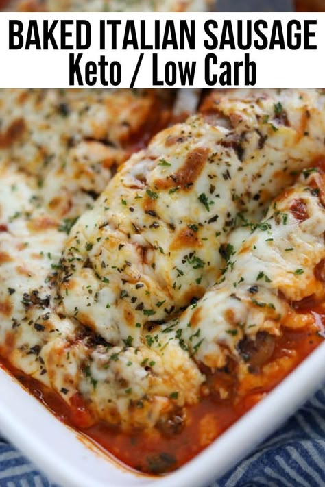 This Italian sausage recipe is baked in the oven and smothered with mozzarella cheese and marinara sauce. A quick and easy keto dinner that is full of flavor and low carb! / keto recipes / keto casseroles / low carb casseroles / #keto #lowcarb Sausage Mozzarella Bake, Thm Casserole, Casseroles Keto, Sausage Dinner Recipes, Baked Italian Sausage, Keto Spaghetti, Keto Italian, Keto Sausage, Keto Pork