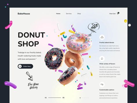 Donut Shop Website UI by Tanvir J on Dribbble Diaries Design, Cookie Website, Cookies Website, Beast Design, Sweet Board, Web Design Ideas, Recipe App, 3d Blender, Shop Website