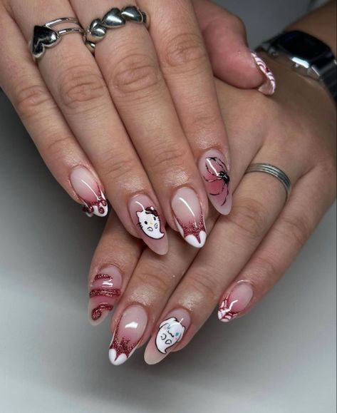 Cute Halloween Nails Almond, Gel Mani Ideas, Nails Hello Kitty Halloween, Spooky Hello Kitty Nails, Hollowed Nails, Sanrio Halloween Nails, Hello Kitty Halloween Nails, Hello Kitty Nail Art, Hello Kitty Nails Art