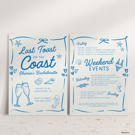 Raise a glass to the bride-to-be with our 'Last Toast on the Coast' Bachelorette Party Canva Template Bundle! This digital package includes customizable invitation, itinerary, and packing list templates, perfect for planning a coastal celebration. From beachside toasts to seaside adventures, our templates have everything you need to create a memorable weekend getaway. Let's make it a last toast to remember by the coast! 🥂🌊 𝗠𝗔𝗧𝗖𝗛𝗜𝗡𝗚 𝗪𝗘𝗟𝗖𝗢𝗠𝗘 𝗦𝗜𝗚𝗡: https://www.etsy.com/ca/listi Last Toast On The Coast Itinerary, Last Coast On The Toast, Bachelorette Party Ideas Last Toast On The Coast, Last Toast On The Coast Bachelorette, Coastal Grandma Bachelorette, Packing Checklist Template, Coastal Bachelorette Party, Coast Bachelorette Party, Bach Themes