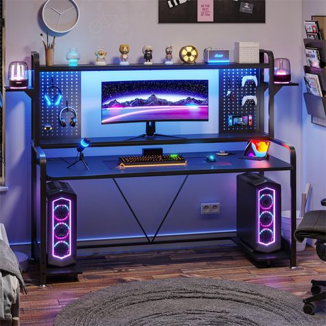 Desk With Led Lights, Office Desk With Hutch, Pc Gaming Desk, Monitor Shelf, Gamer Desk, Computer Desk With Shelves, Desk Workstation, Gaming Computer Desk, Modern Computer Desk