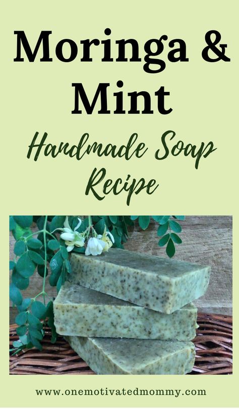 This natural Moringa and Mint soap can be made at home. The recipe uses nourishing oils and shea and cocoa butter, organic Moringa leaves and peppermint essential oil. Experience a rich lather and gentle exfoliation with this luxurious soap.  #moringasoap #handmadesoap #howtomakesoap #coldprocesssoap #soap