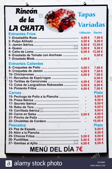 Menu Tapas Bar Pub Restaurant Arcos de Frontera Spain Spanish Cadiz Stock Photo: 76321799 - Alamy Spanish Menu, Classroom Commands, Mexican Menu, Pub Restaurant, Spain Spanish, Tapas Bar, Bar Menu, Teaching Spanish, Cadiz