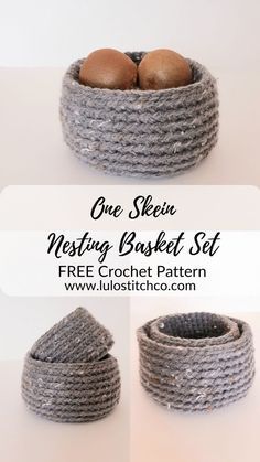 Crochet Containers, One Skein Crochet, Crochet Basket Pattern Free, Crochet Storage Baskets, Nesting Baskets, Crochet Bowl, Bags Pattern, Crochet Baskets, Crochet Storage