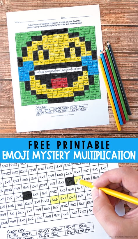 Free Printable Emoji Mystery Multiplication Worksheets | artsy-fartsy mama Multiplication Coloring Worksheets, Multiplication Games Free, Emoji Math, Free Multiplication Worksheets, Multiplication Flashcards, Fun Math Worksheets, Multiplication Strategies, Multiplication Activities, Teaching Multiplication