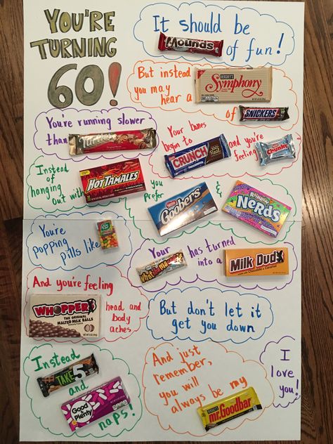 Turning 60 birthday poster 60th Birthday Candy Poster, Turning 60 Candy Poster, 60th Candy Bar Poster, 60th Birthday Candy Bar Poster, Turning 60 Birthday Ideas, Candy Poster Board, Candy Birthday Cards, Birthday Poster Board, Candy Bar Poster