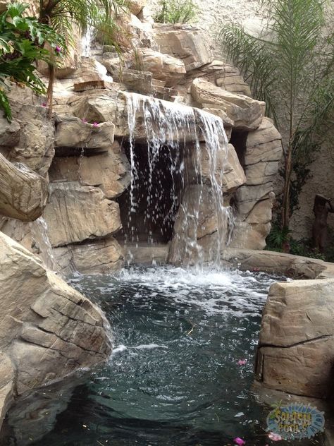 Rock Wall Waterfall, Pool Rock Waterfall, Waterfall Backyard, Grotto Waterfall, Wall Waterfall, Backyard Waterfalls, Backyard Wall, Taman Air, Amazing Backyard