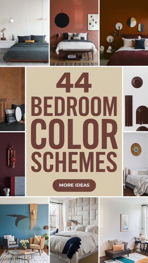 Elevate your bedroom with one of these 44 striking color schemes! Whether you're drawn to earthy tones, bold accents, or minimalist palettes, these ideas will help you create the perfect atmosphere. Find inspiration for your next bedroom makeover and transform your space into a stylish, cozy retreat. #BedroomColorSchemes #InteriorDesignInspo #HomeDecor #BedroomMakeoverIdeas Natural Tone Bedroom Color Pallets, Bedroom Paint Colors Men, What Colour To Paint Bedroom, Different Colour Walls Bedroom, Light Oak Bedroom Furniture Wall Color, Color Wall Ideas Bedroom, Guest Room Colour Scheme, Tiny Bedroom Color Ideas, Room Decor Color Ideas