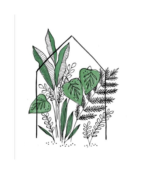 Green House Tattoo, Houseplant Sketch, Green House Drawing, Greenhouse Tattoo, Green House Illustration, House Tattoo, Artfully Walls, House Sketch, Photographer Inspiration