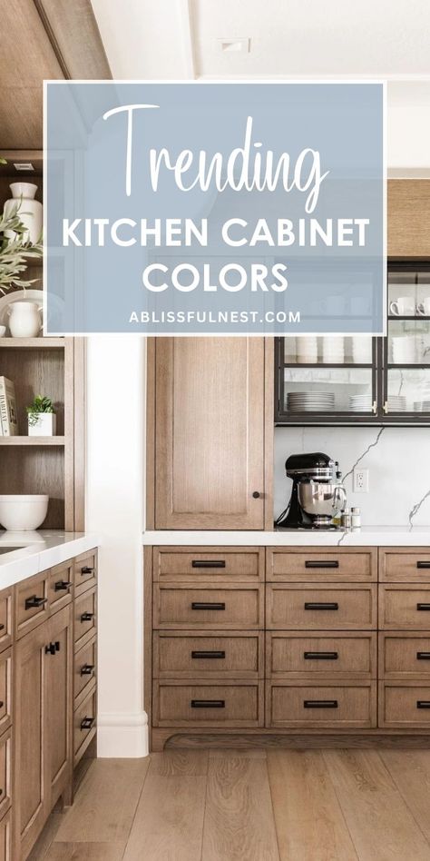 Looking to give your kitchen a fresh update? Check out these trending kitchen cabinet colors to inspire your next renovation! From warm wood tones to cool, calming blues, there's a perfect hue to complement any style. Get ready to transform your cooking space into a stylish and inviting haven!#kitchencabinets #kitchenremodel #kitchendesign Color Combo Kitchen Cabinets, Change Kitchen Cabinet Color, Mid Tone Kitchen Cabinets, Cabinet And Floor Color Combinations, 2 Cabinet Colors In Kitchen, Almond Color Kitchen Cabinets, Light Color Cabinets, 2 Countertop Colors In Kitchen, Kitchen Remodel Cabinets Colors