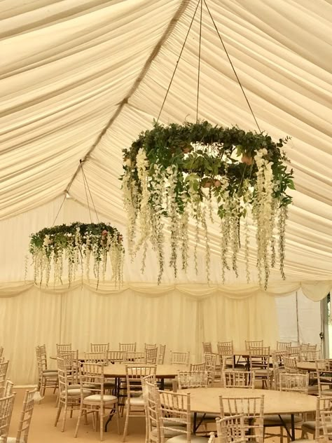 Diy Wedding Decorations Ceiling, Wedding Ceiling Chandelier, Hanging Decor Wedding Ceilings, Wisteria Wedding Decorations Hanging Flowers, Flower Ceiling Decorations, Circle Flower Chandelier Wedding, Tent Hanging Decor, Hanging Wisteria Wedding Diy, Floral Chandelier Wedding Diy Hula Hoop