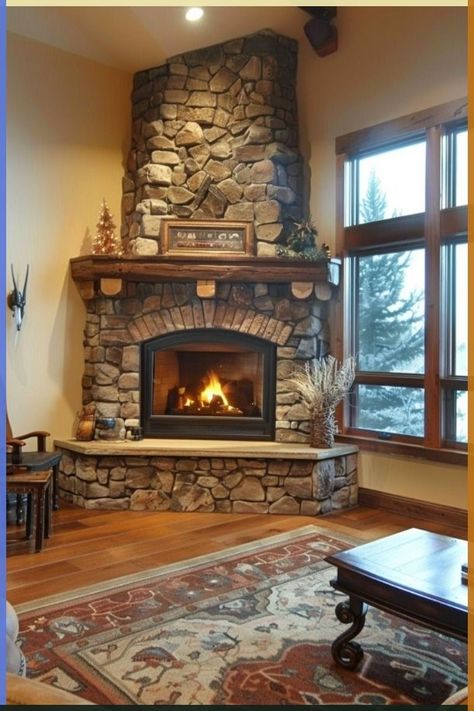 Corner Fireplace Design, Corner Stone Fireplace, Stone Fireplace Decor, Corner Wood Stove, Wood Stove Hearth, Corner Fireplace Ideas, Wood Burning Stoves Living Room, Farmhouse Fireplace Decor, Cabin Fireplace