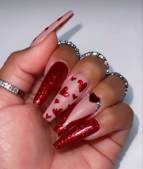 Valentines Nails Stiletto, Valentine Nails, Long Acrylic, Pretty Nail Art, Romantic Valentine, Valentine's Day Nails, Valentines Nails, Long Acrylic Nails, Red Glitter