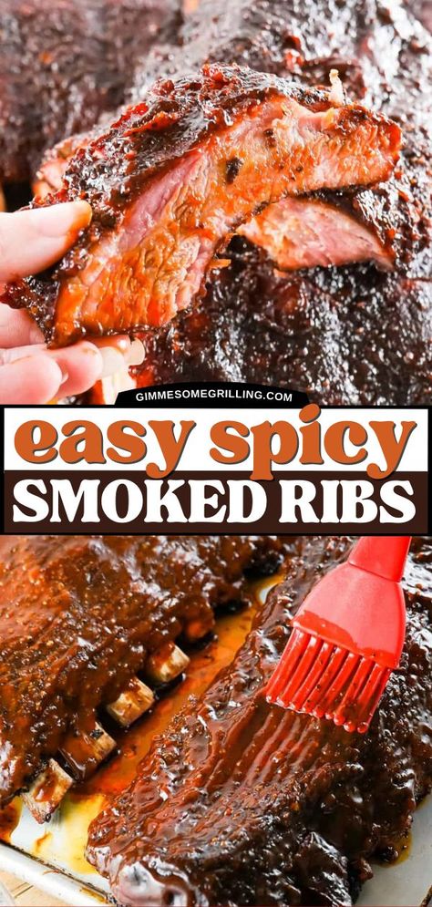 Spicy Smoked Ribs, family dinner ideas for tonight, homemade dinner recipes, smoked meat recipe Spicy Ribs Recipe, Smoked Ribs Recipe, Smoked Baked Potatoes, Smoked Pork Recipes, Fall Off The Bone Ribs, Spicy Bbq Sauce, Electric Smoker Recipes, Smoked Recipes, Electric Smoker