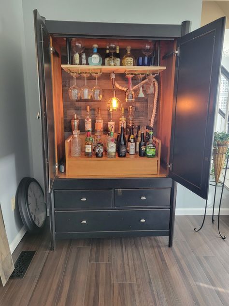 Old TV armoire turned into speakeasy armoir. Entertainment Center Turned Into Bar, Painted Liquor Cabinet, Armoire Turned Into Bar, Armoire Bar Makeover, Diy Armoire Coffee Bar, Armoire Liquor Cabinet, Old Tv Cabinet Makeover Repurposed, Tv Armoire Repurposed Bar Liquor Cabinet, Bar Armoire Repurposed