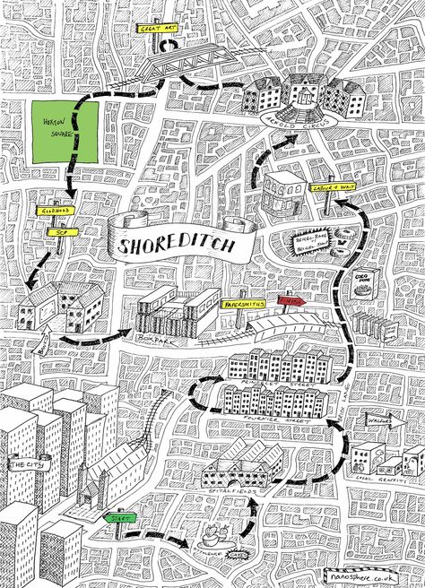 Hand-drawn map to accompany our walk across Shoreditch in London #map #shoreditch #london #shops #stationery Stationery Shops, Map Art Illustration, London Shops, London Shoreditch, Map Sketch, Walking Map, Mental Map, Architecture Portfolio Design, Shoreditch London