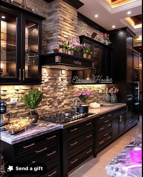 Dark Stone Countertops Kitchen, Kitchen Ideas Modern Luxury 2024, Dream Life House, Dream Kitchens Design, Dark Kitchen Cabinets, Elegant Kitchens, Kitchen Inspiration Design, Luxury Homes Dream Houses, Luxury Kitchens