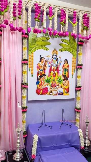 Sathyanarayana Pooja Decoration, Satya Narayana Pooja Decoration, Satyanarayan Pooja Decoration, Sathyanarayana Pooja Decoration At Home, Housewarming Decorations Indian, Satyanarayana Pooja Decoration Ideas, House Warming Decorations Indian, Puja Room Design Indian, Saree Dhoti