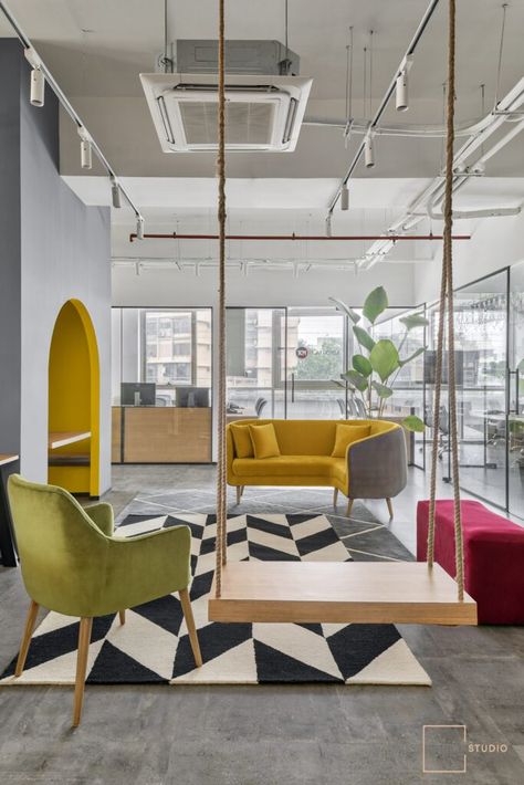 Industrial Interior Theme with Balanced Color Pops : The Expand Loft | Quirk Studio - The Architects Diary Quirk Studio, Open Office Space, Small Seating Area, Design Studio Workspace, Modern Industrial Decor, Aesthetic Space, Industrial Interior Design, Event Management Company, Neutral Interiors