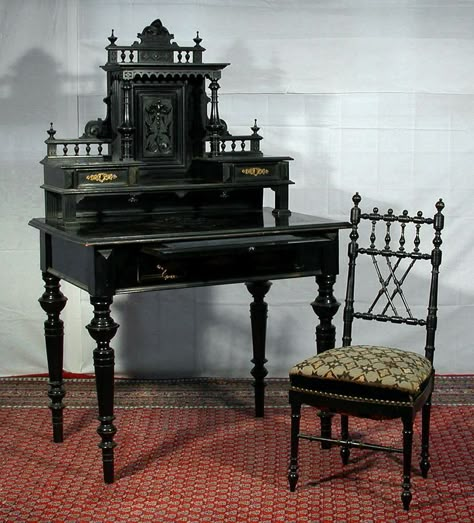 Victorian Writing Desk, Gothic Study, Ebony Furniture, Victorian Writing, Gothic Desk, Victorian Desk, Gothic Furniture, Man About Town, Dark Home