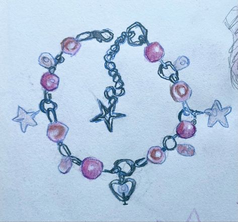 sketch of a bracelet with charms #sketch #sketchbook #inspo #ideas #pink #stars #aesthetic Pink Stars Aesthetic, Easy Bunny Drawing, Bracelet Drawing, Charm Tattoo, Stars Aesthetic, Pink Drawing, Horror Drawing, Drawing Stars, Bracelet With Charms